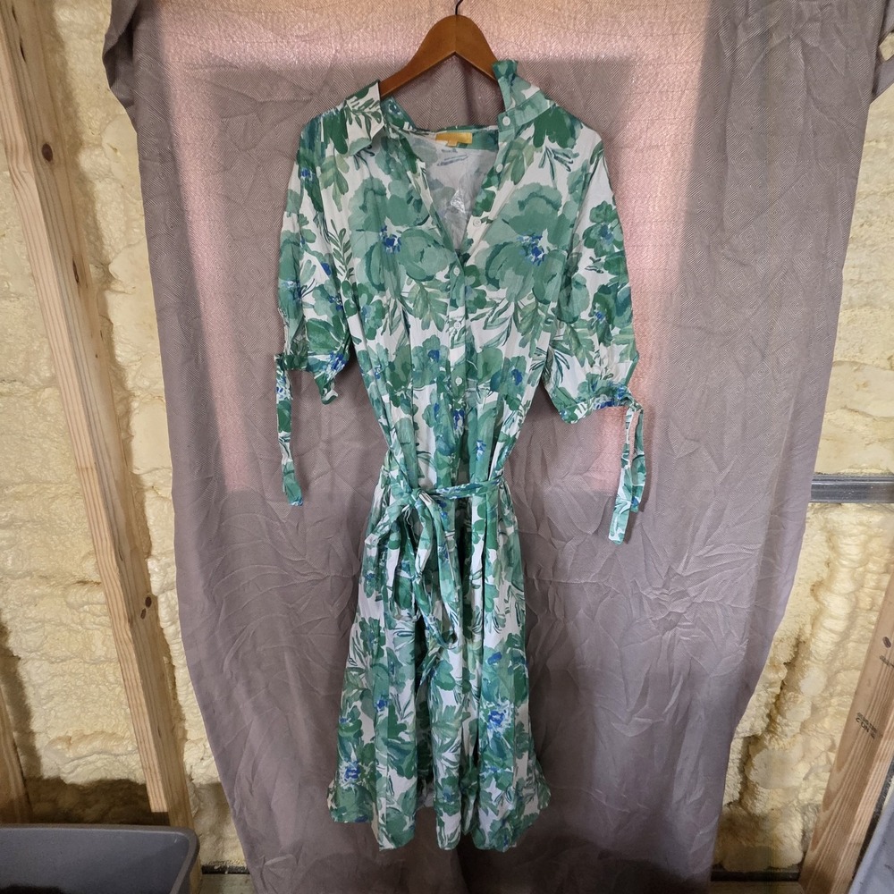 Flying Tomato Shirt Dress Womens 2X Green Floral 3/4 Sleeve V Neck Belted